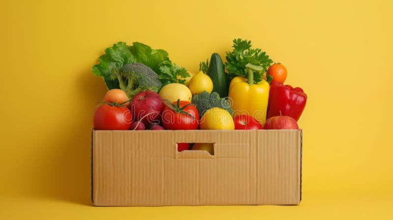 Box of fresh vegetables and fruits on a yellow background. Cardboard box filled with colorful produce. Healthy eating stock images