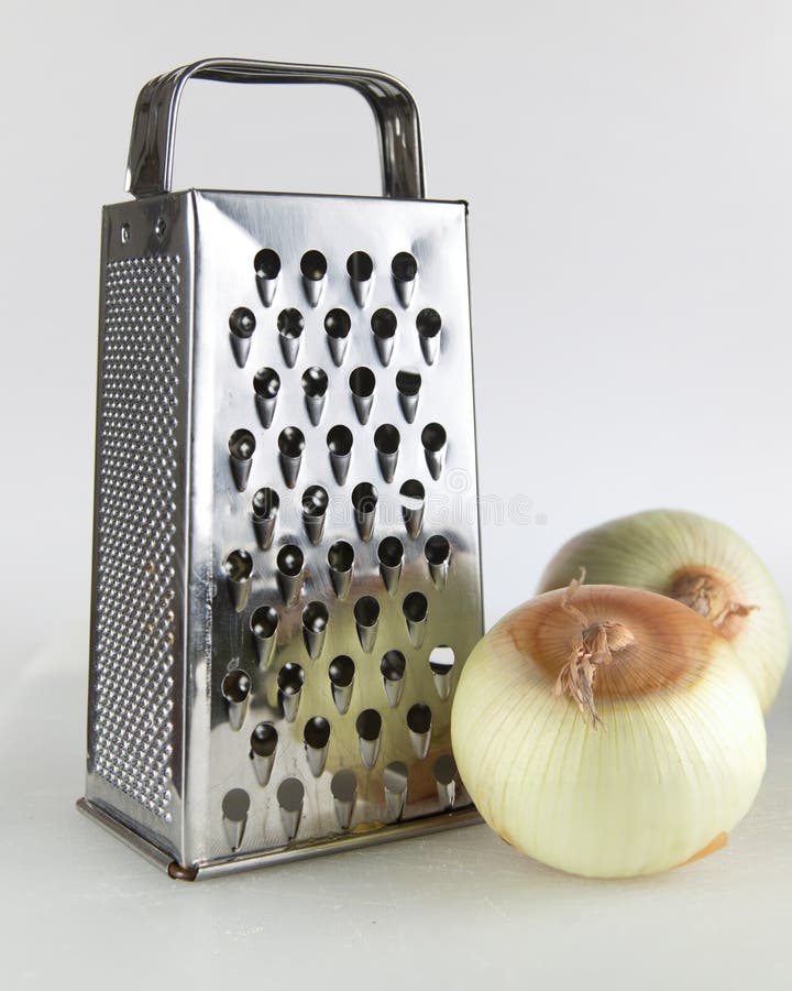 Box Grater on a White Background with Two Onions Stock Image Image of
