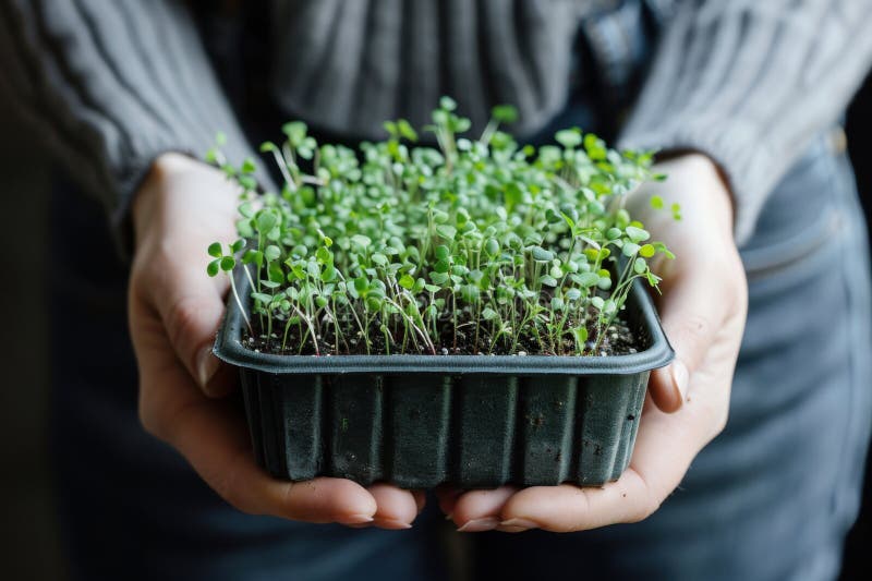 Box with micro greens sprouts in a female hands royalty free illustration