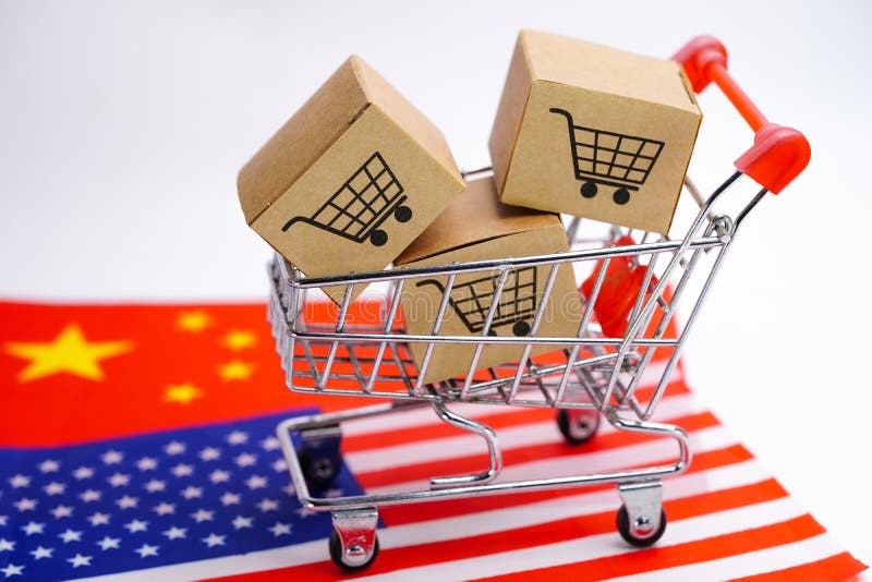 Box With Shopping Cart Logo And The Usa America And China Flag Import