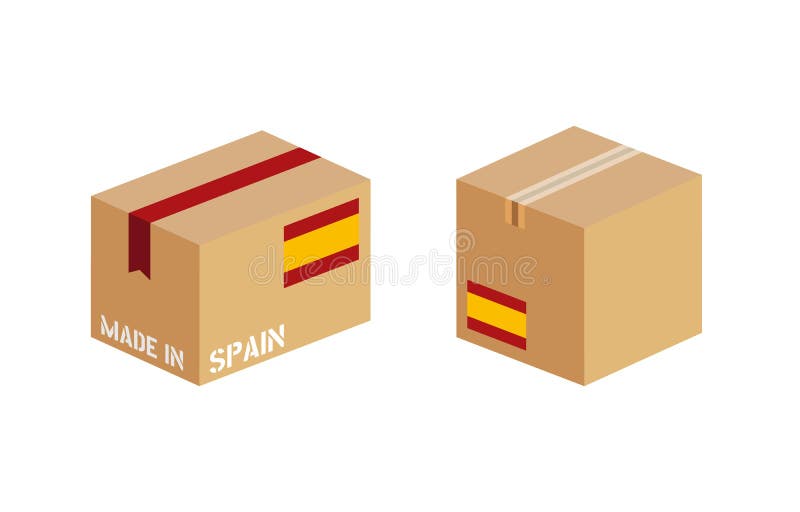 Box with Spain Flag Icon Set, Cardboard Delivery Package Made in Spain