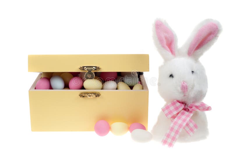 Box of sugar covered almonds sweets with bunny