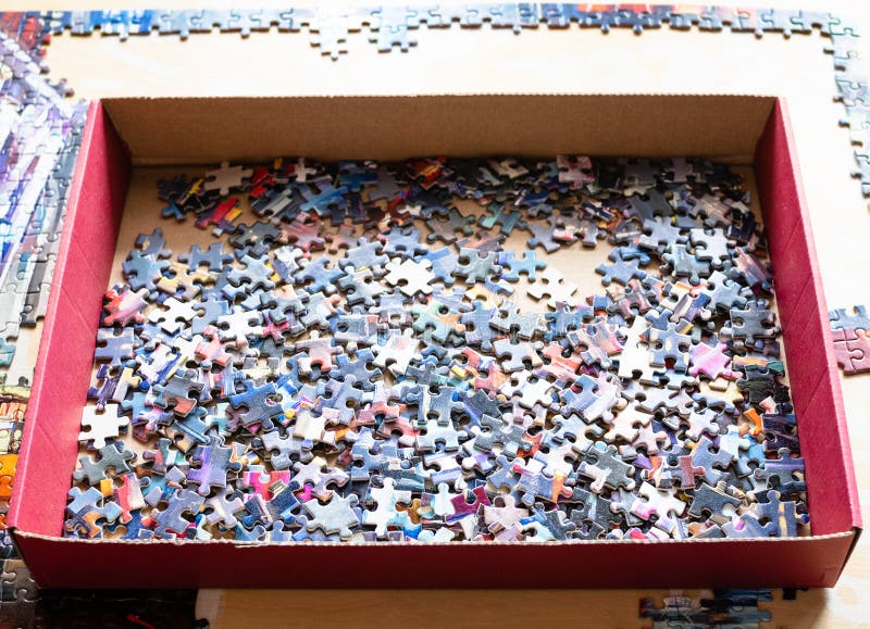 Box with Tiles of Jigsaw Puzzle on Table Stock Image Image of jigsaw, playfield 145422841