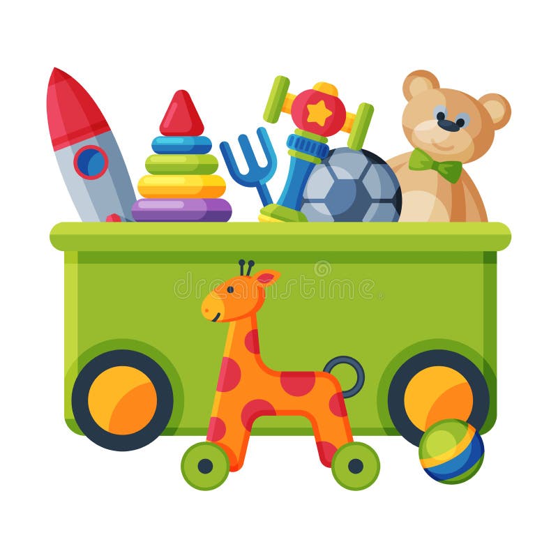 Box with Various Colorful Toys, Plastic Container with Scateboard