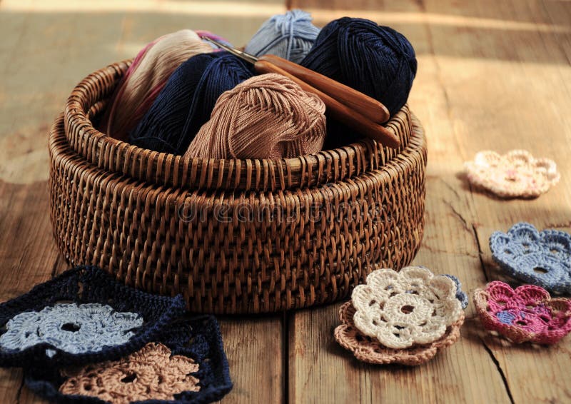 Box of Yarn and Crocheted Flowers Stock Photo Image of wool, wooden