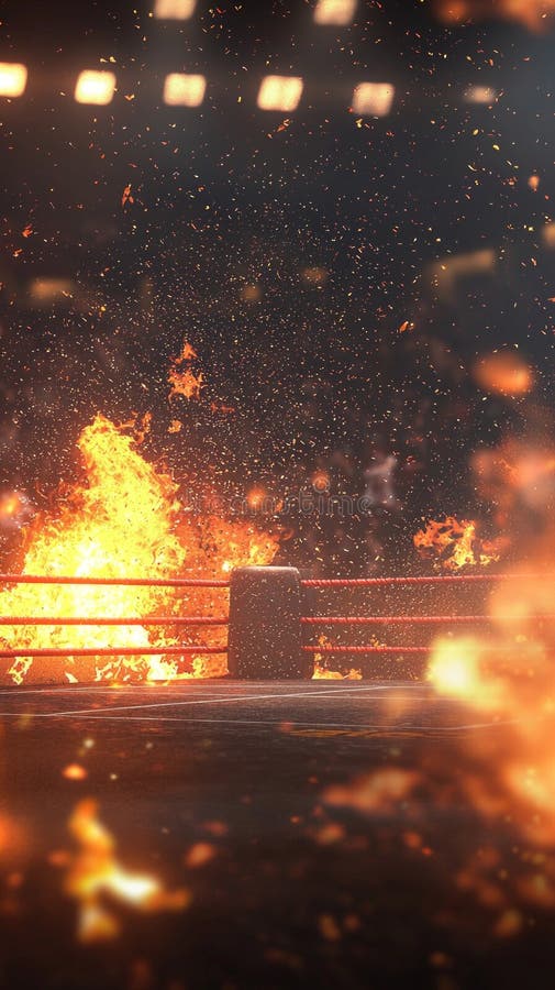 Boxande ringigniter med pulserande flammor som fångar intensiteten i en strid natt. de omgivande atmosfärsbuzzerna med royaltyfri fotografi