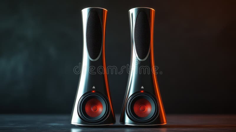 Boxe Bluetooth moderne, elegante, cu accent roșu dinamic pe fundal întunecat, perfecte pentru sunet de înaltă calitate și elegant royalty free illustration