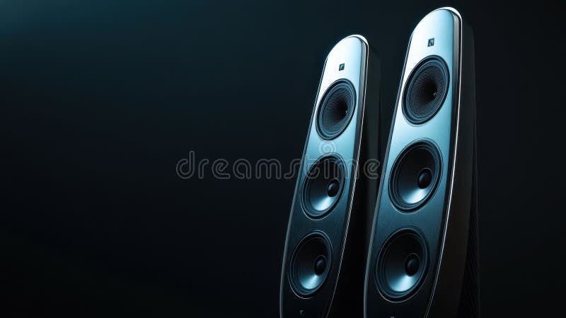 Boxe elegante și moderne pentru pardoseli, cu tehnologie de sunet de înaltă fidelitate pe fundal întunecat pentru audiofili și ent stock illustration