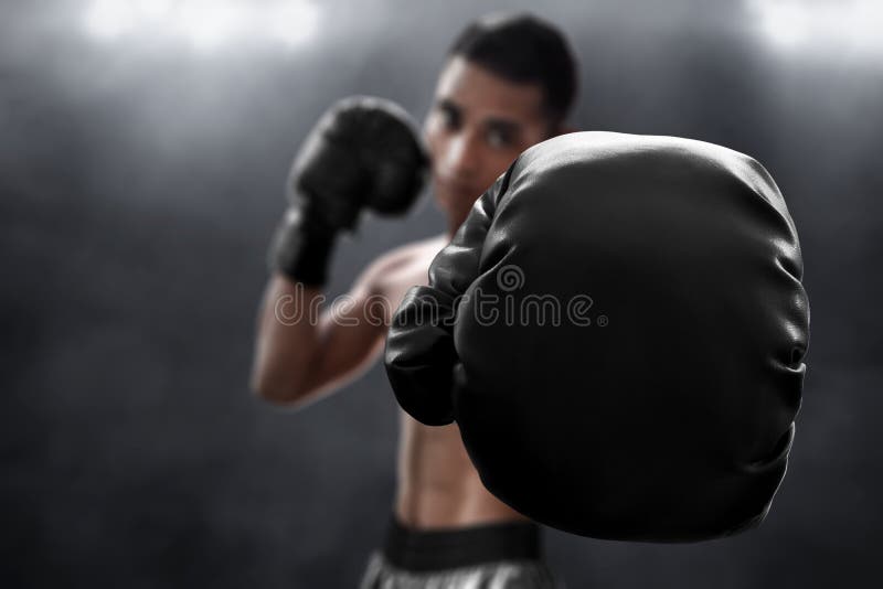 Boxer with Black Boxing Gloves Stock Photo Image of match, male