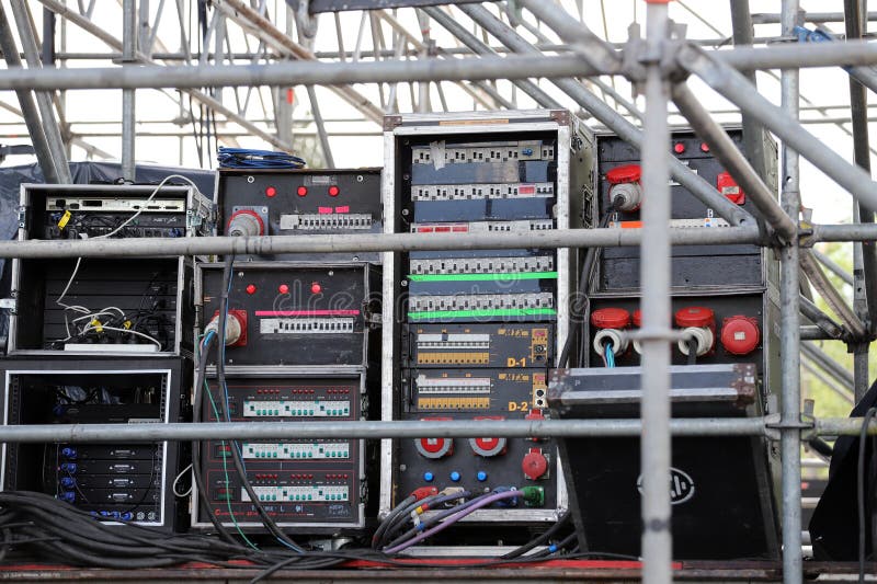 Boxes with electrical control panels for live events stock images