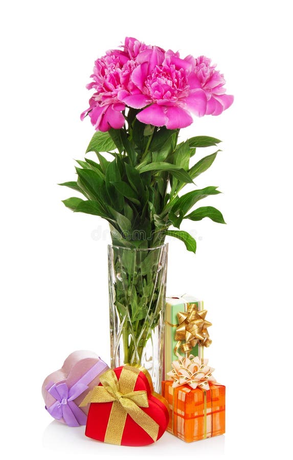 Boxes with Gifts of Decoration and Peonies in Vase Stock Image Image