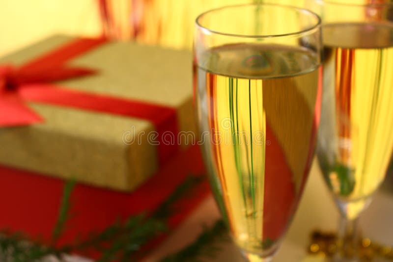 Boxes with Gifts and Glasses of Champagne Stock Image Image of