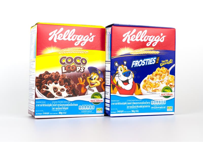 boxes of Kellogg`s breakfast cereal isolated