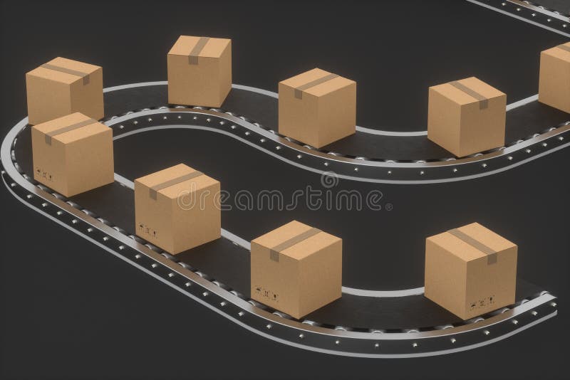 Boxes Moving on the Conveyor Belt, 3d Rendering Stock Illustration