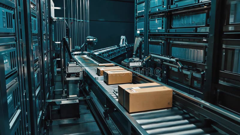 Boxes moving on a conveyor belt inside a modern automated warehouse system. 4k Video footage stock illustration