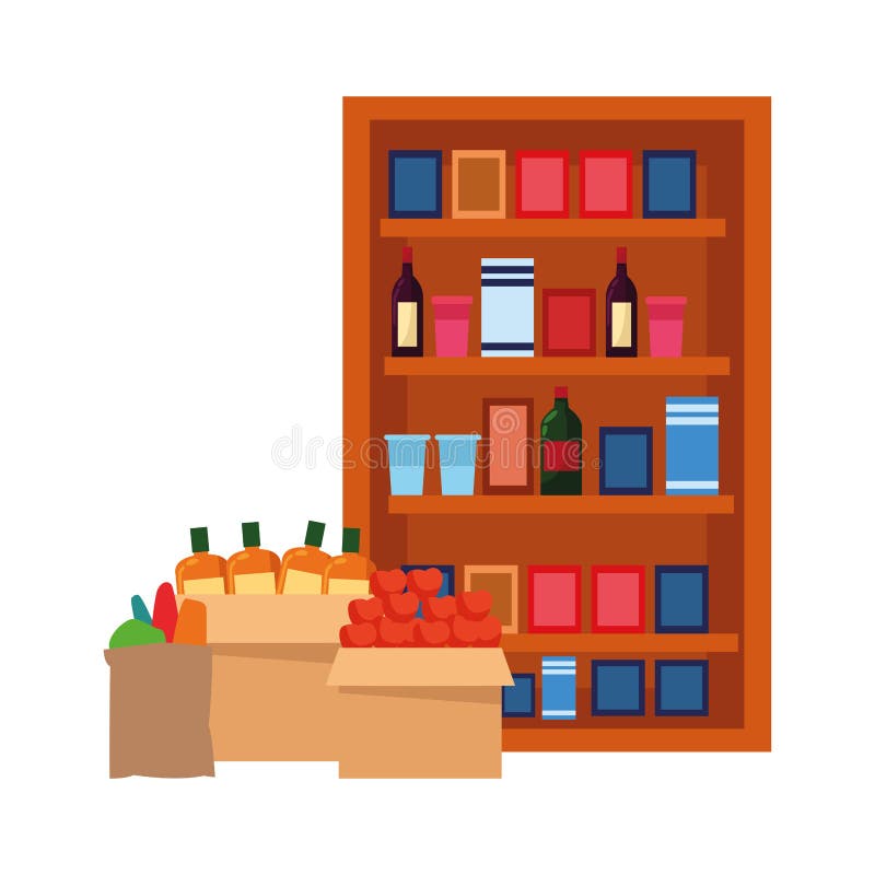 Boxes and Supermarket Shelves with Bottles and Groceries Products, Flat ...