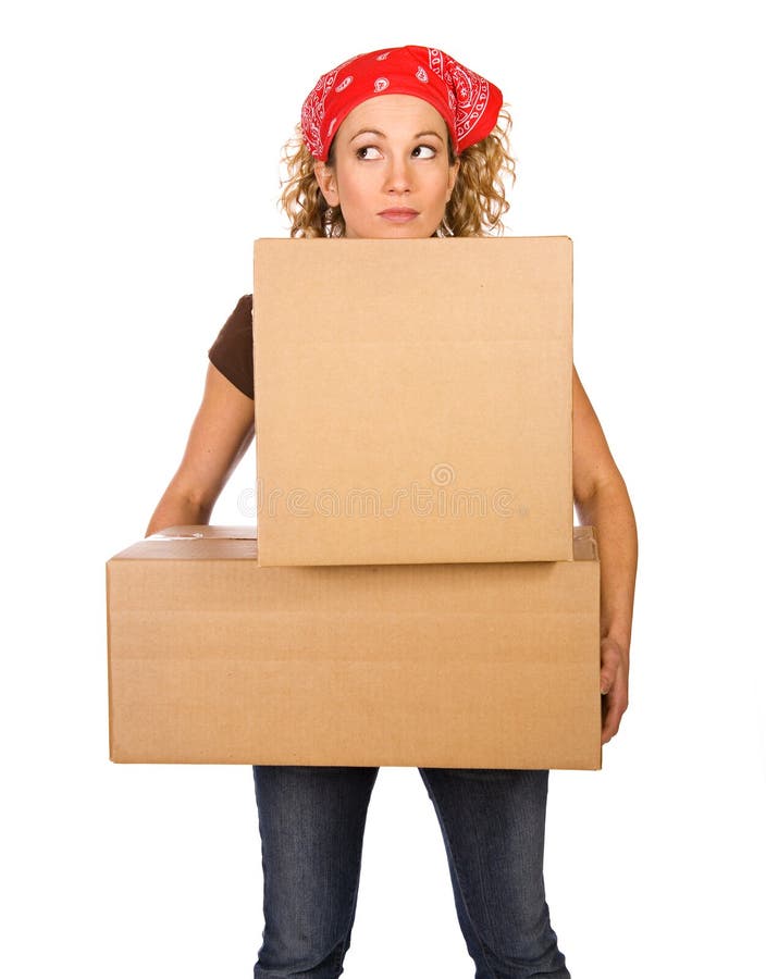 Boxes Woman Carrying Stack of Cardboard Boxes Stock Image Image of