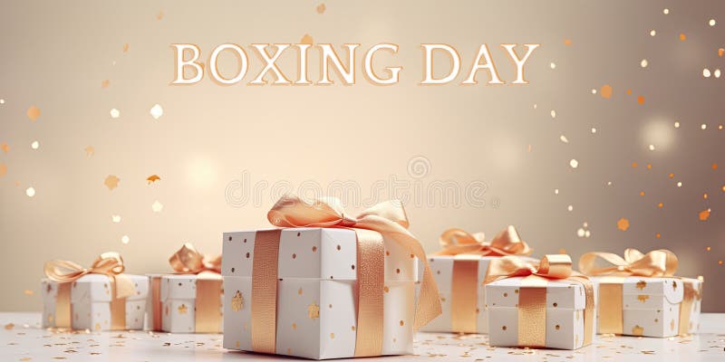 Boxing Day Banner with Realistic Gift Boxes on Shiny Background for stock illustration