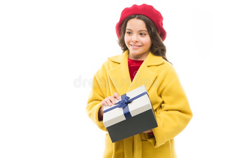 Boxing day. child with present box. spring fashion. happy shopping. childrens day. France style. small parisian girl stock photography Boxing day. child with present box. spring fashion. happy shopping. childrens day. France style. small parisian girl stock photography