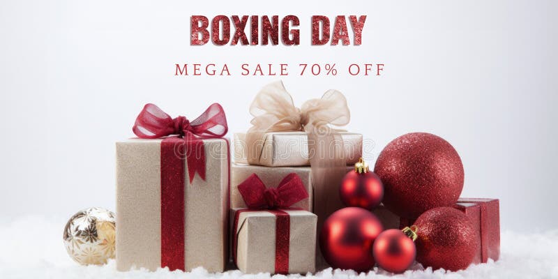 Boxing Day Mega Sale Banner with Realistic Gift Boxes and Baubles on White vector illustration