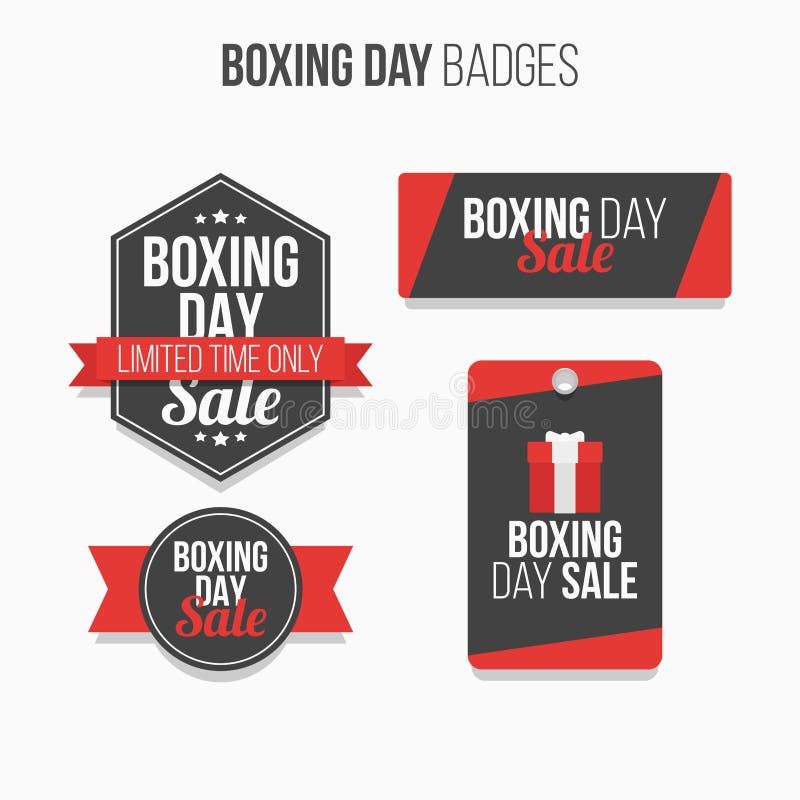 Badges Happy Boxing day sale design with gift boxes.