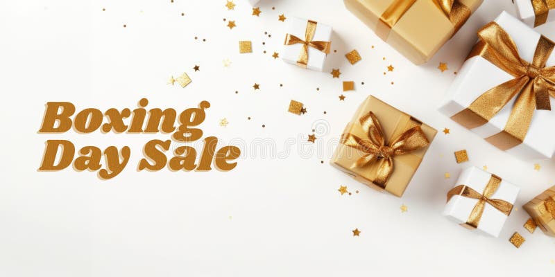 Boxing Day Sale Banner with Gift Boxes Presenting Top View on White stock illustration