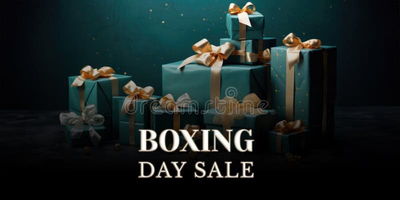 Boxing Day Sale Banner with Realistic Gift Boxes on Dark vector illustration