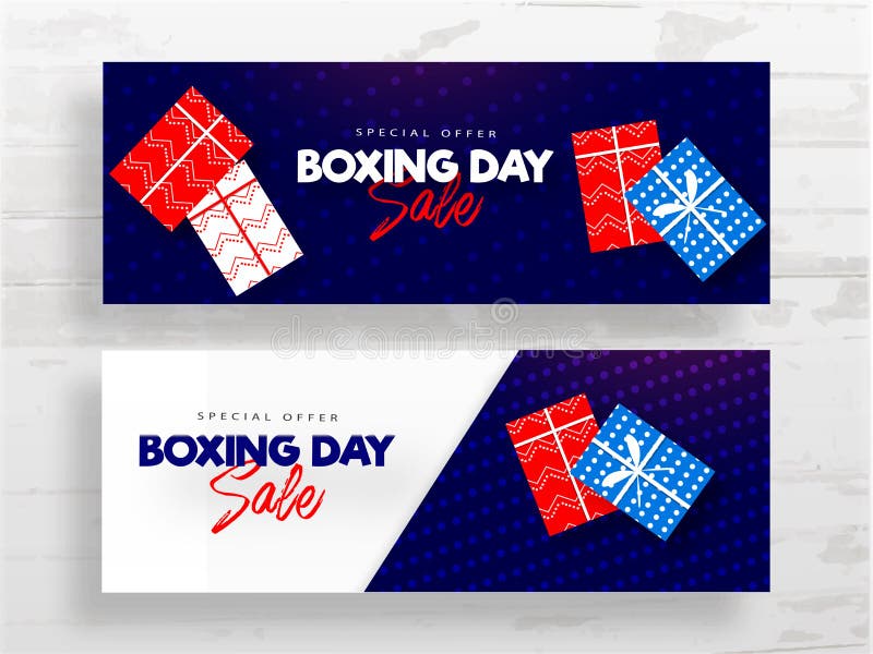 Boxing Day Sale header or banner design set with top view of gift boxes on white and blue background vector illustration