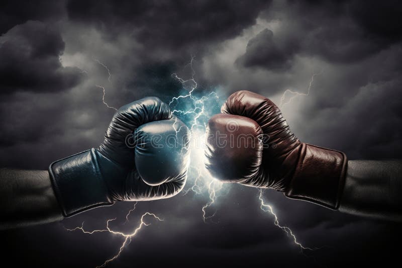 Boxing fight, close up of two fists hitting each other over dark. High quality photo