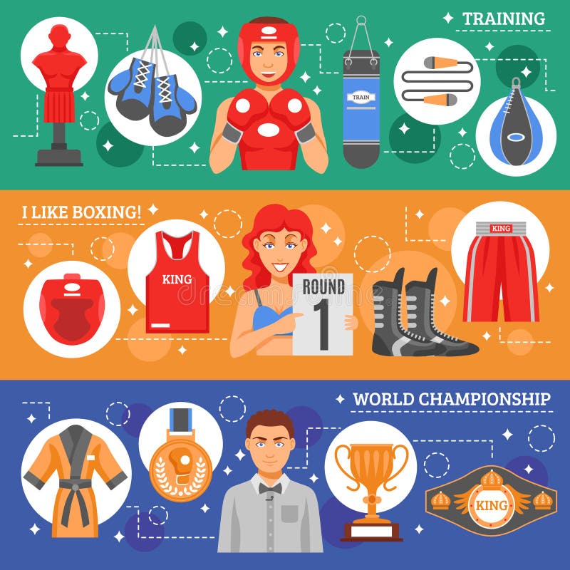 Sports attributes flat horizontal banners set with boxing training and clothes advertising and world championship awards and prizes collection vector illustration. Sports attributes flat horizontal banners set with boxing training and clothes advertising and world championship awards and prizes collection vector illustration
