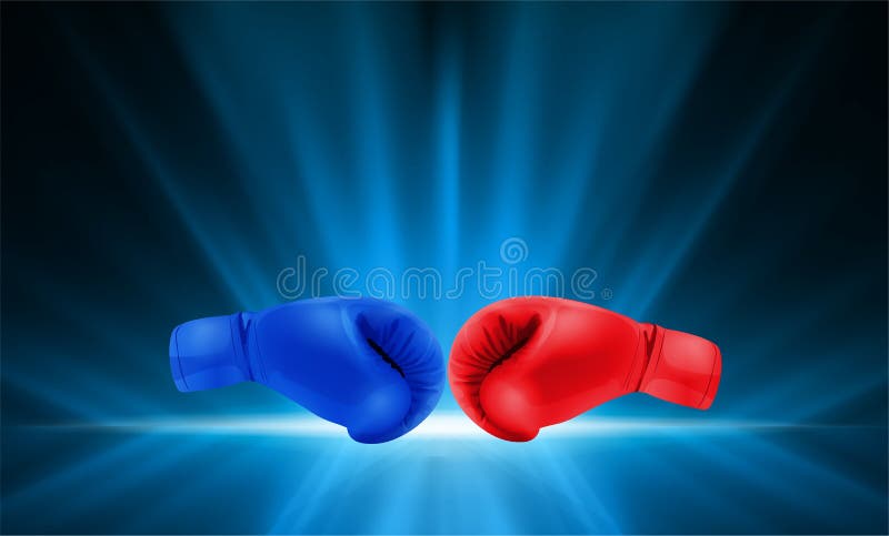 Boxing gloves Red and Blue hitting together on abstract smooth light blue perspective background. Vector illustration.