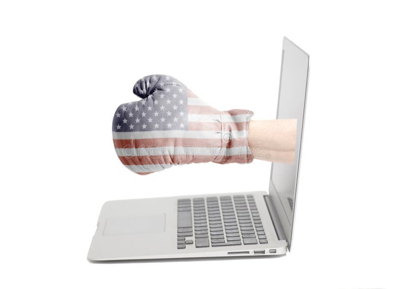 Boxing gloves with USA flag coming from screen laptop isolated on white background