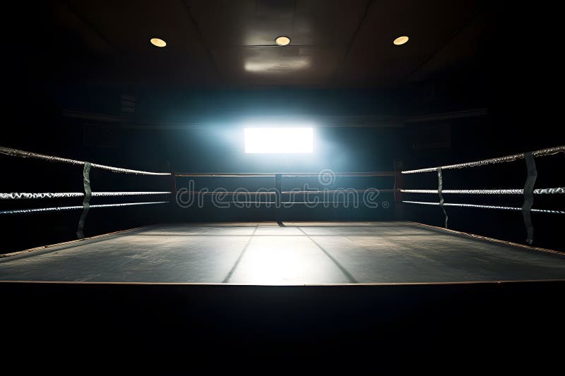 Boxing professional ring surrounded with ropes with a sportlights on a dark background. stock illustration