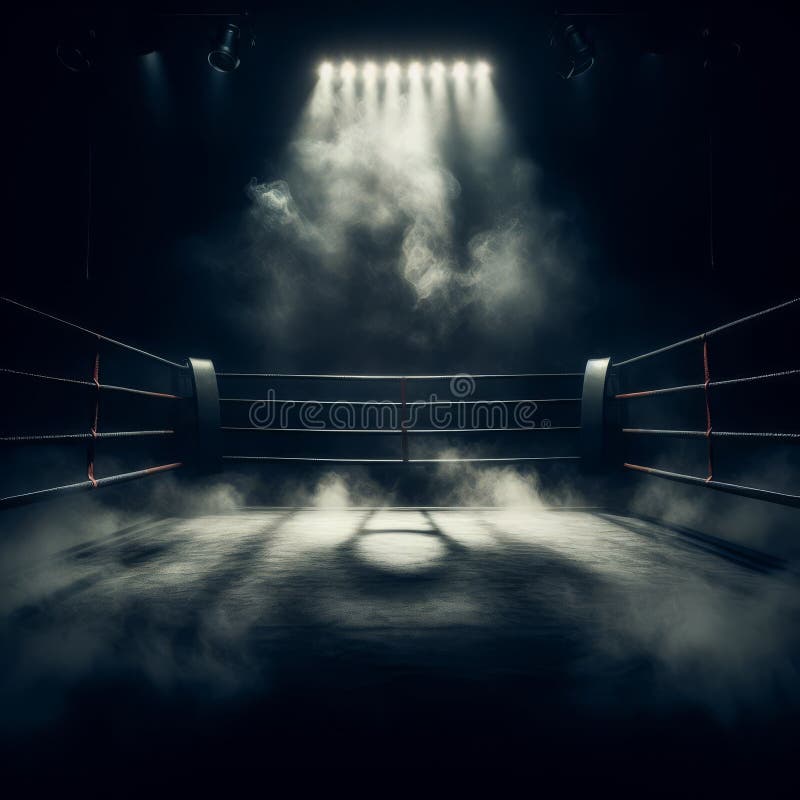 Boxing ring sits in dark arena with flood lights royalty free illustration