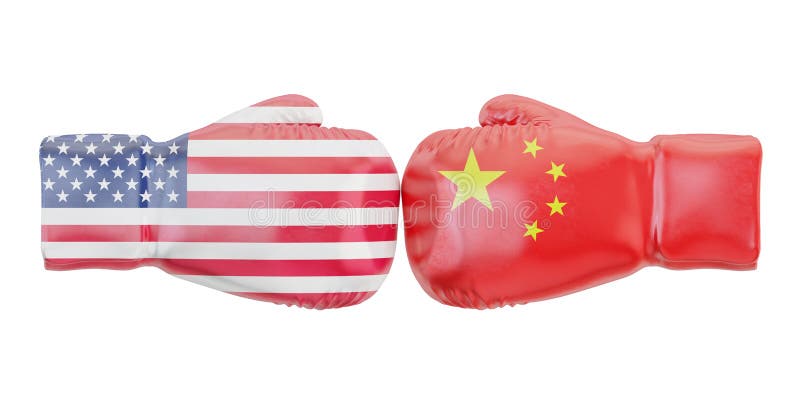 Boxninghandskar med USA och Kina flaggor Regeringkonflikt