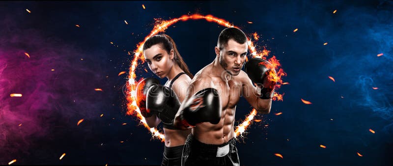 Boxing concept. Sports betting. Design for a bookmaker. Download banner for sports website. Two boxers on a fiery background. Boxing concept. Sports betting. Design for a bookmaker. Download banner for sports website. Two boxers on a fiery background