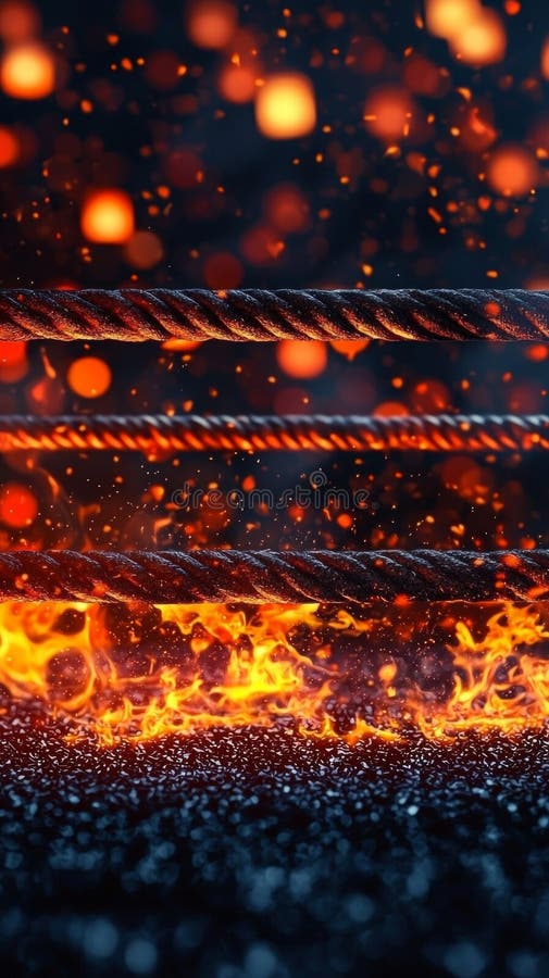 Boxningsringen är uppslukad av pulserande flammor som skapar en dramatisk atmosfär. ljus dansar runt att öka energin hos royaltyfria foton