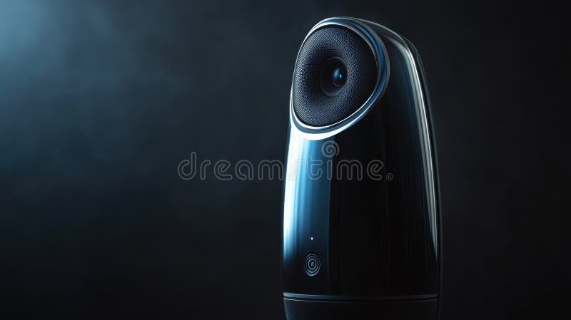 Boxă elegantă și modernă cu finisaj negru lucios și lumină albastră cu fundal întunecat pentru o experiență audio elegantă stock illustration