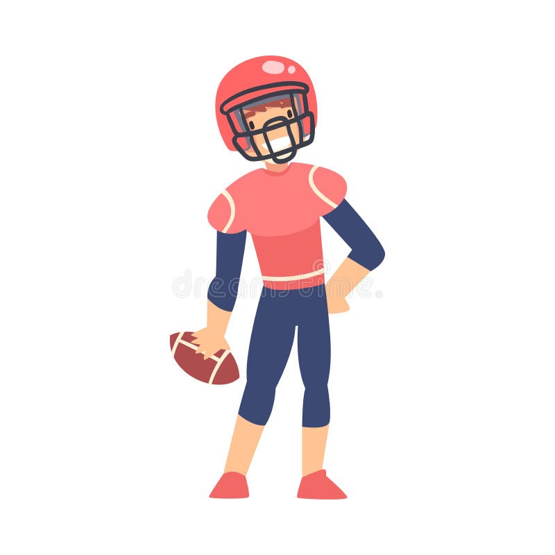 Boy American Football Player in Sports Uniform, Kid Doing Rugby Sports, Healthy Lifestyle Concept Cartoon Style Vector Illustration isolated on White Background.