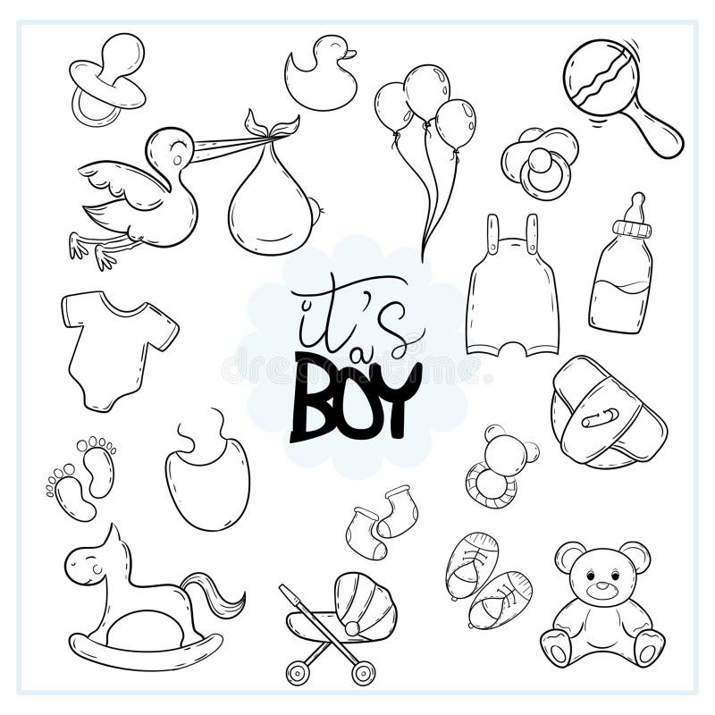 Set of Cute Boy Baby Shower Elements Stock Vector Illustration of