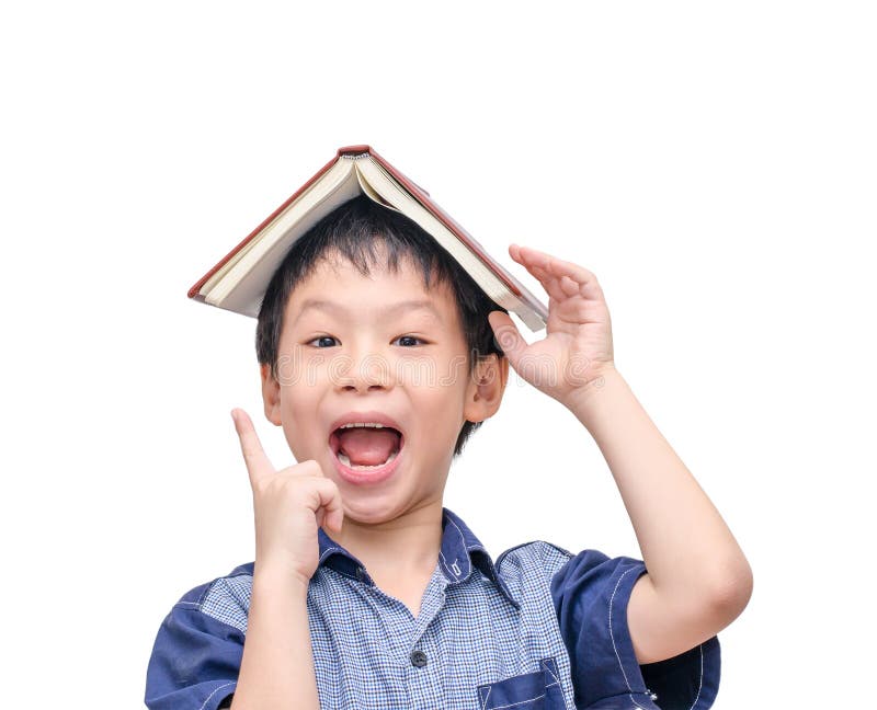 Boy with Book on Head Thinking Stock Photo - Image of schoolboy, child
