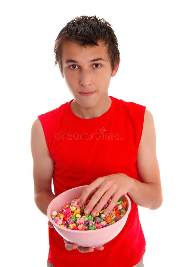 Boy with a bowl of candied popcorn