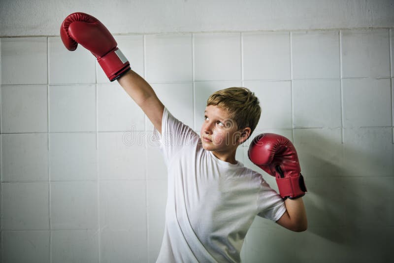 Boy Boxing Victory Confidence Posing Winning Concept Stock Photo