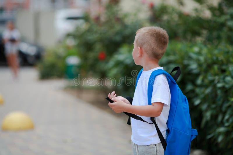 A Boy with a Briefcase on His Back Goes To School. Back To School Stock