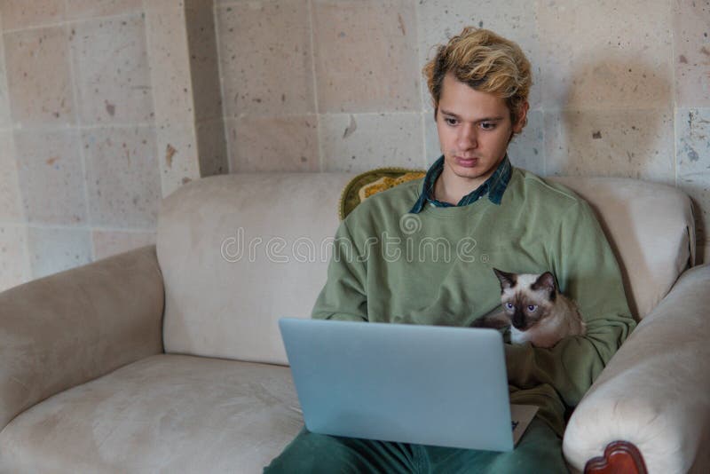 Boy and cat in the living room at home looking at the screen of their laptop