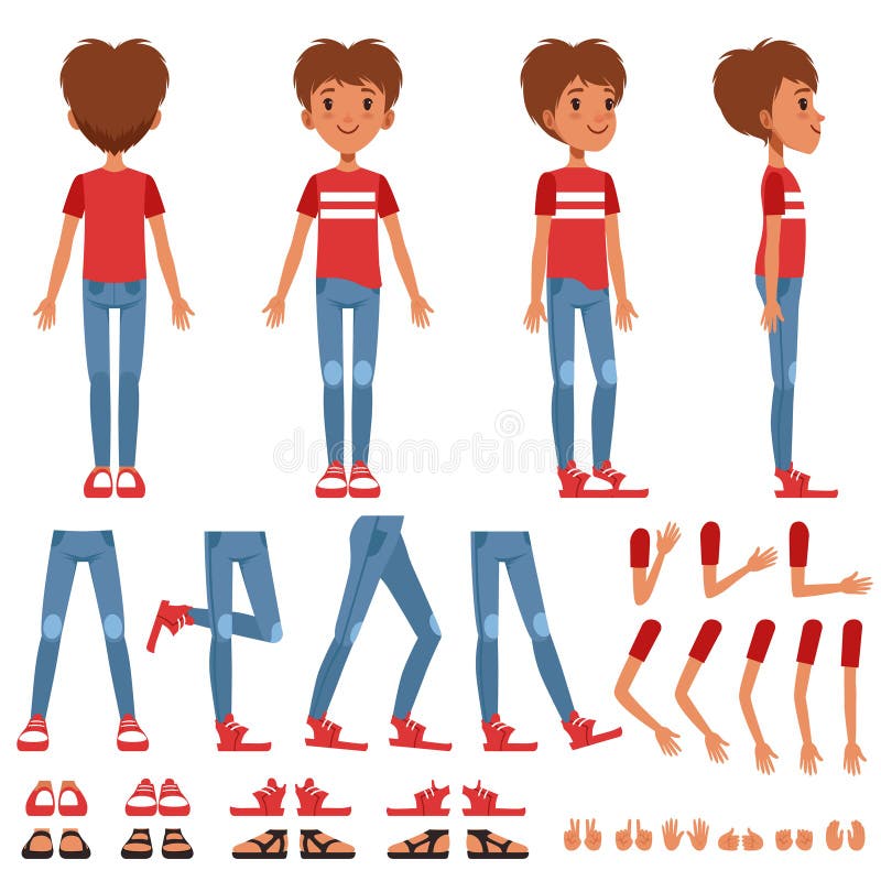 Boy character creation set, cute boy constructor with different poses, gestures, shoes vector Illustrations