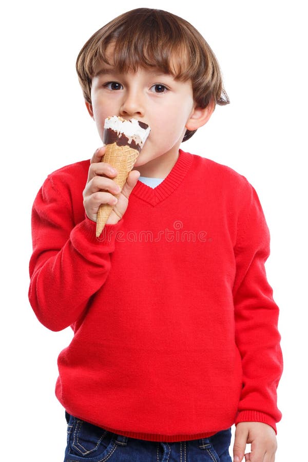 Boy child kid eating licking ice cream summer portrait format is