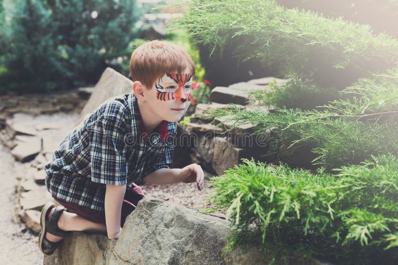 Boy child outdoors play outdoors with face painting. Small boy with funny face art painting. Male child play outdoors with tiger drawing on face. Children event stock photography Boy child outdoors play outdoors with face painting. Small boy with funny face art painting. Male child play outdoors with tiger drawing on face. Children event stock photography