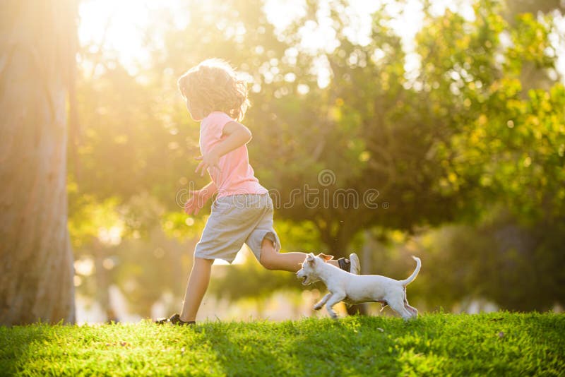Boy child walk with puppy. Kid with pets running. Happy Child and dog runs at backyard lawn.