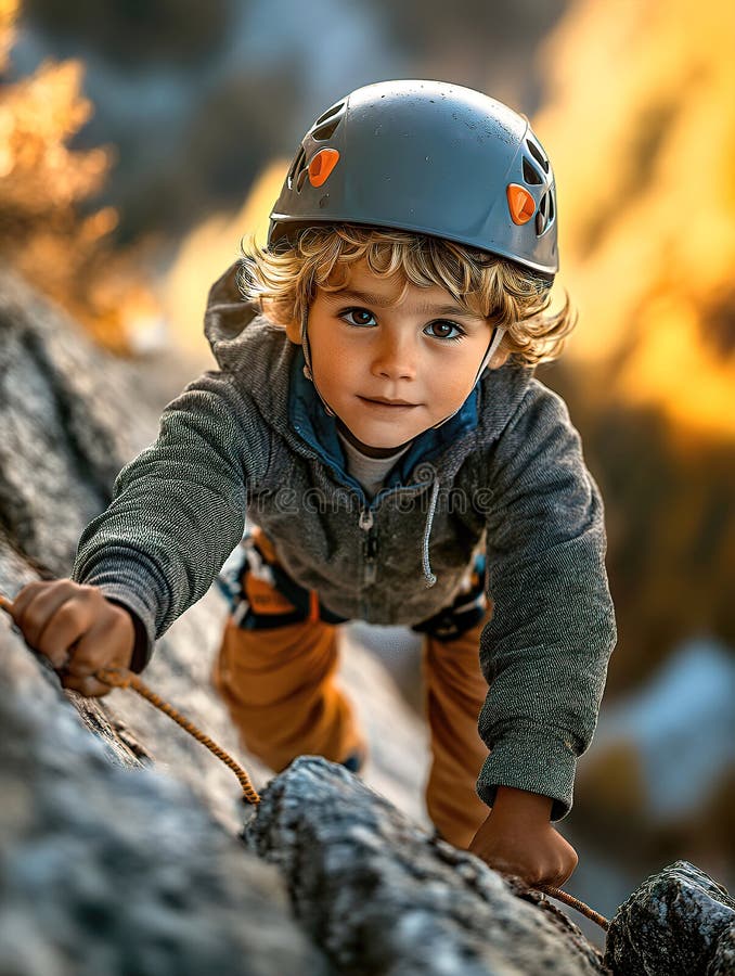 Boy climbs mountain wearing helmet, rope attached to him vector illustration